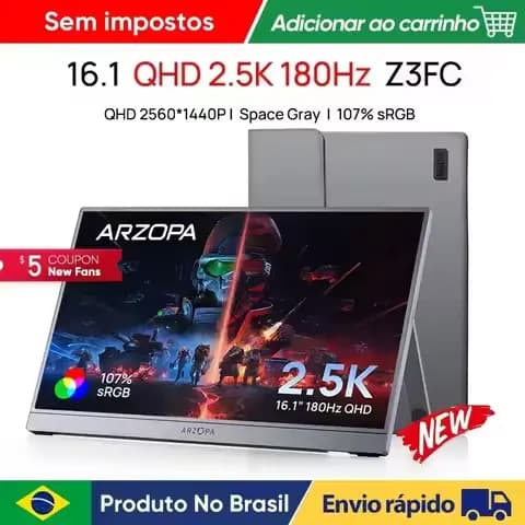 【Z3FC 2.5K】Arzopa Achados para a Copa do Mundo Monitor Portátil Trabalho 16.1" FHD 1080P 60Hz Monitor Ultra Fino para Laptop com Suporte Display IPS para PC, MAC, Celular, Xbox, PS5 - Conectividade USB C e HDMI