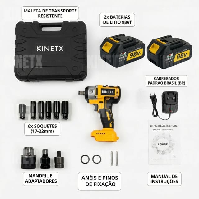 KINETX Chave de Impacto Sem Fio 98VF 880 Nm 3 em 1 Parafusadeira Furadeira e Chave Elétrica De Impacto 2 Baterias e Maleta Profissional 6 Soquetes 17-22mm