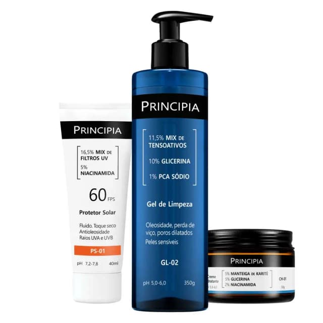 Principia Kit Completo Peles Sensíveis - Gel de Limpeza GL-02, Creme Hidratante CH-01 e Protetor Solar PS-01 FPS60