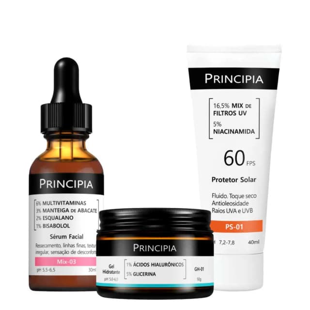 Principia Kit Pele Saudável Todos os Tipos De Pele com Sérum Facial Mix-03 + Gel Hidratante GH-01 + Protetor Solar PS-01 FPS 60 Kit De Tratamento Kit De Séruns Faciais