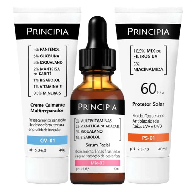 Principia Kit Pele Hidratada e Protegida com CM-01 creme multirepadaror + MIX-03 textura irregular + PS-01 Protetor solar facial 60fps