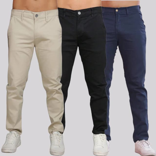 Kit de 3 ou 1 calça Sarja Masculina Slim com Lyra Elastano Conforto Estilo Versáteis Alta Qualidade Respirável Corte Slim Bolsos Práticos Cós com Passantes Zíper e Botão Frontal