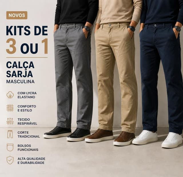 Kits de 3 ou 1 calça Sarja Masculina Slim com Lyra Elastano Conforto Estilo Versáteis Alta Qualidade Respirável Corte Slim Bolsos Práticos Cós com Passantes Zíper e Botão Frontal