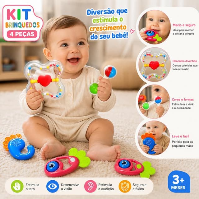 Kit 4 Peças Brinquedos para Bebê Chocalho Mordedor Colorido Sensorial Infantil