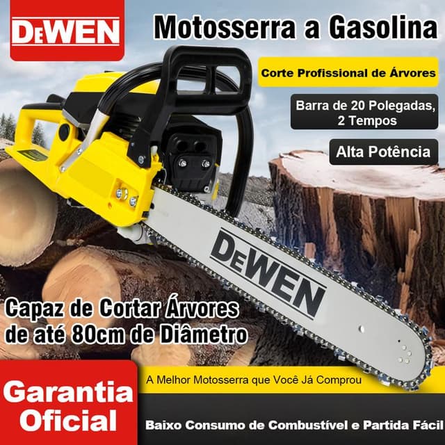 DEWEN Motosserra a Gasolina 52CC 20 Polegadas 3.0HP/2.2kW Corte Profissional de Árvores Barra de 20 Polegadas 2 Tempos Alta Potência Garantia Oficial