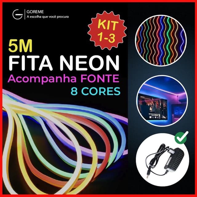 Kit 1-3 Fita de LED Mangueira Neon 5 Metros 60W Flexível Com Fonte 12V | 8 Cores