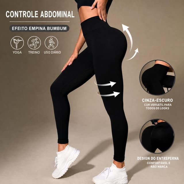 Legging Feminina Canelada Cintura Alta Controle Abdominal Calça Esportiva Elástica Confortável Para Yoga, Pilates, Treino na Academia e Corrida