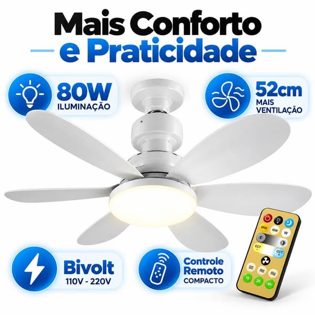 52CM Grandão Ventilador de Teto LED Lâmpada E27 Controle Remoto Bivolt Luminária ECO Bivolt