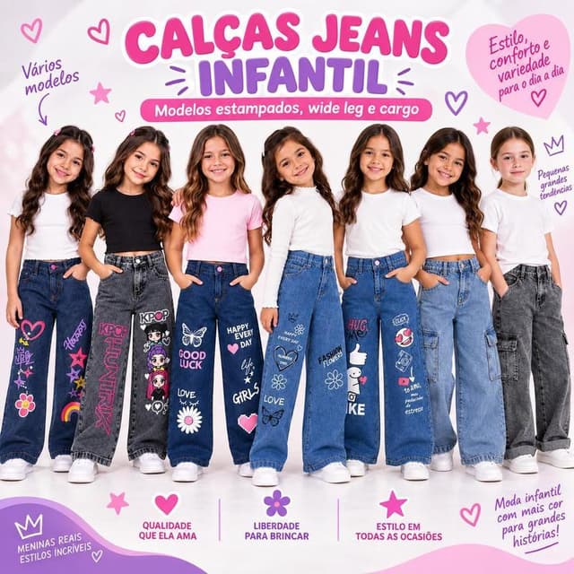 Calça Jeans Wide Leg Infantil Estampa Coloridas para Meninas