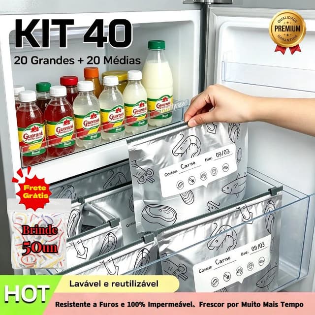 Kit 40+100 brindes grátis,Saco para Conservação de Alimentos de Alumínio Reutilizável com Zíper, Antivazamento e Anti-Odor, para Geladeira e Freezer, Carnes e Legumes | Frete Grátis