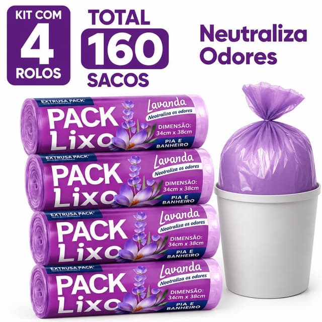 Saco de Lixo Lavanda Perfumado 34x38cm 3kg para Pia e Banheiro Neutraliza Odores Kit 40 80 120 ou 160 Sacos