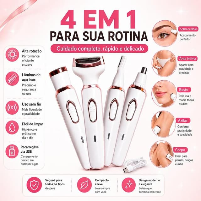 Depilador Feminino Elétrico 4 em 1 com Cabeças Removíveis Recarregável USB Removedor de Pelos Facial Corpo Axila Virilha Seguro e Suave