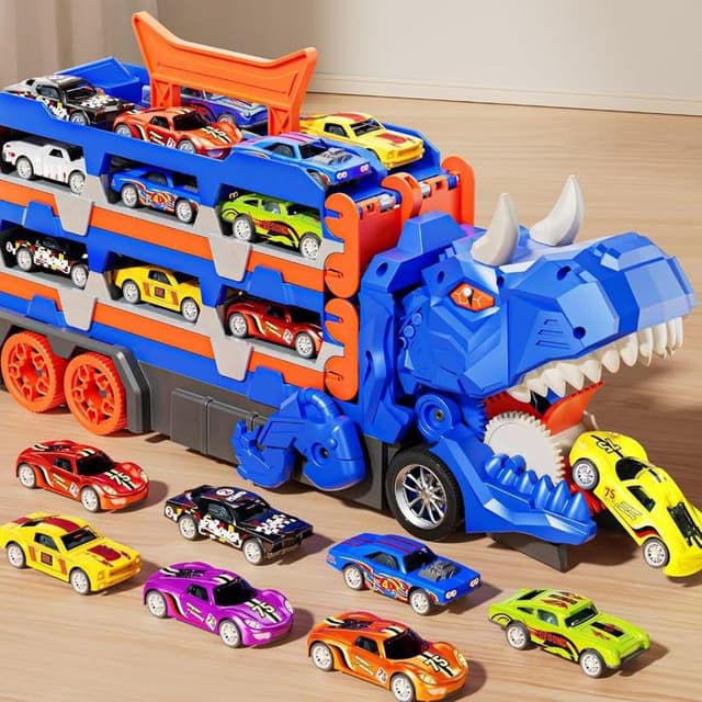 Caminhão Dino 4 em 1 com 4 Funções + 4 ou 6 Carrinhos de Metal Premium