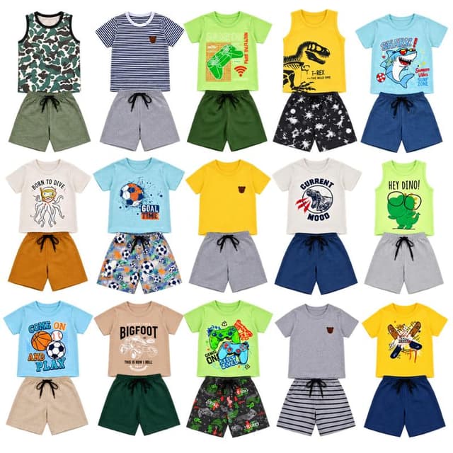 Kit 10 Peças de Roupa Masculino Infantil Menino 5 Conjuntos Verão Bermuda, Camisa ou Regata de Malha