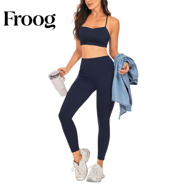 Froog-Legging Feminina Cintura Alta com Bolsos Laterais 100% não transparente— Yoga, Academia e gym Corrida (Preto/Azul/Cinza Escuro)