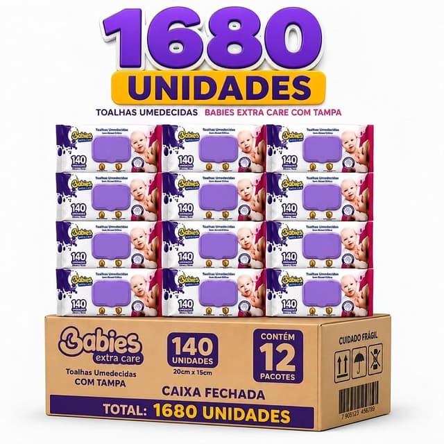Caixa c/1680 e kit c/3Toalhas Umedecidas Babies Extra Care com Tampa – 140 Unidades cada | Kit até 12un