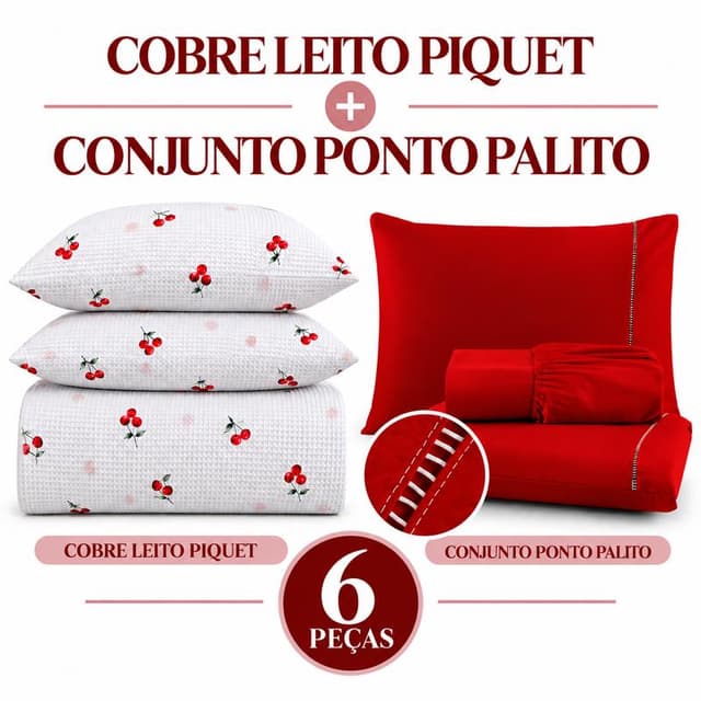 Kit 6 Peças Lençol Cobre Leito Piquet com Jogo de Fronhas Ponto Palito e Lençol de Elástico para Cama Estiloso