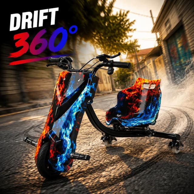 HDJ Drift Trike Elétrico Infantil 350W 36V com 3 Velocidades, Rodas Traseiras Giratórias 360° e Kit de Proteção