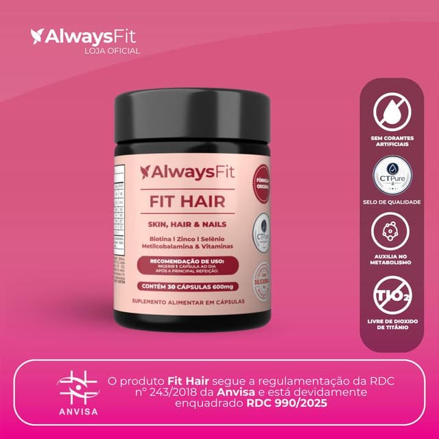 FitHair® - Biotina, Zinco, Ferro, Cobre, Cisteína e + Vitaminas - 30 Cápsulas