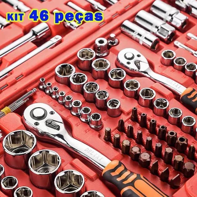 Kit de Ferramentas com 46 Peças, Chave Catraca Reversível e Conjunto de Soquetes com Maleta Armazenadora, Fabricado em Aço Resistente para Reparos Domésticos, Automotivos e Motocicletas,Aço Resistente e Uso Profissional