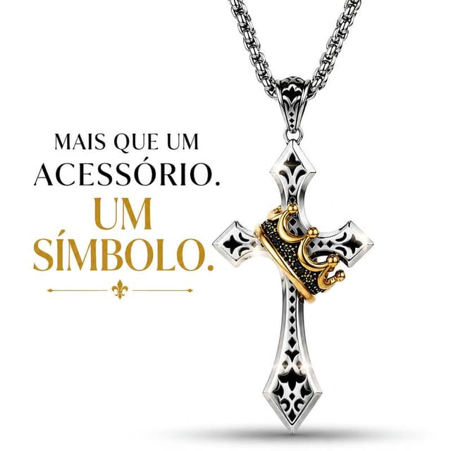 Colar Cruz com Coroa 60cm Unissex - Aço Inoxidável Elegante para Uso Diário, Prata com Detalhes Dourados, Design Exclusivo e Moderno, Presente Perfeito