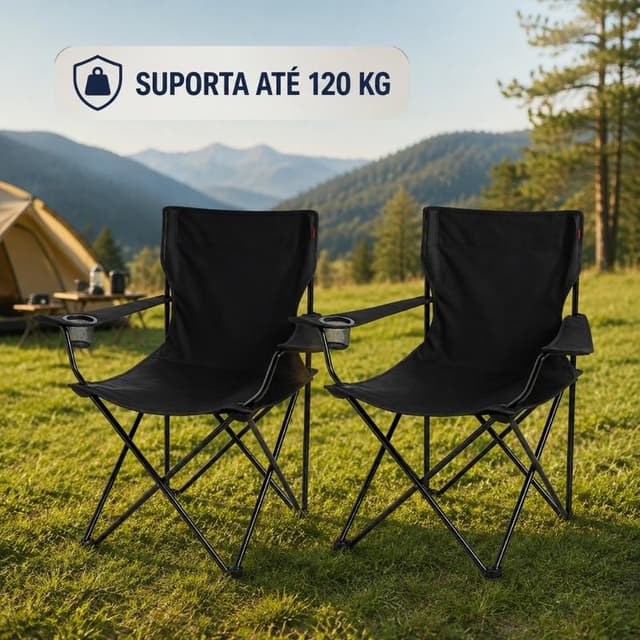 Kit 2 Cadeira Dobrável Camping Portátil com Porta‑Copos e Bolso Lateral para Praia e Pescaria