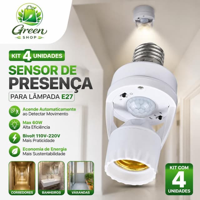 GREEN Kit Unidades Sensor de Presença para Lâmpada E27 – Bivolt 110V-220V, Max 60W, Acende Automaticamente ao Detectar Movimento | Perfeito para Economia de Energia em Corredores, Banheiros e Varandas