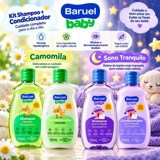 Kit Shampoo + Condicionador Infantil Camomila Sono Tranquilo Suave Baruel Baby 120ml Cuidado com os Cabelos do seu Bebê