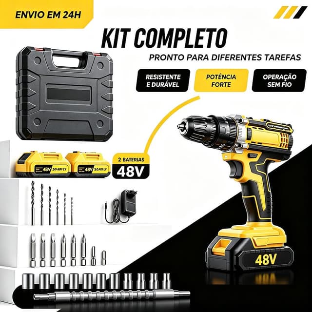 Furadeira de impacto com motor sem escovas,Parafusadeira Furadeira 48V 2 Baterias Com Maleta e Acessórios Completo