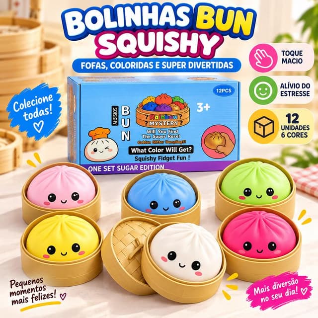 Squishy Bolinho Bao de Apertar Transparente ou Modelo Farinha, Cores Aleatórias, 1, 2, 4, 6, 8 ou 12 Unidades
