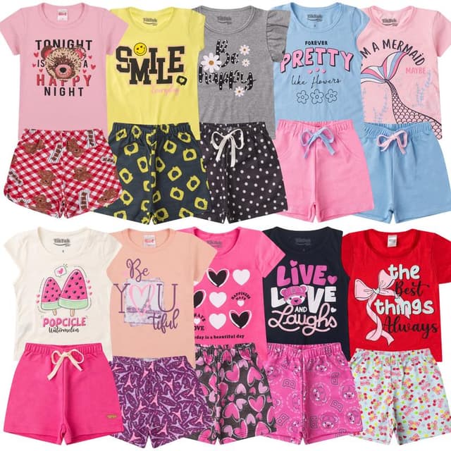 Kit 10 Peças de Roupa Infantil Feminina para Meninas 100% Algodão com 5 Conjuntos Sortidos em Malha Estampas Variadas Tamanhos 1 a 14