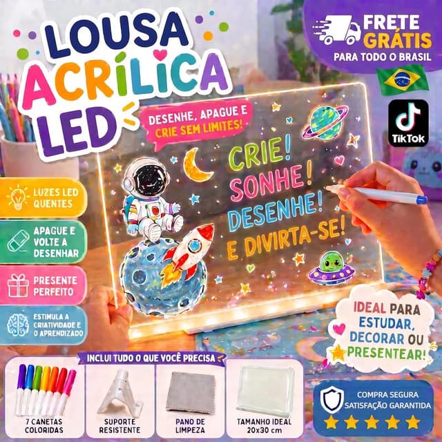 Lousa Mágica Acrílica LED Infantil Prancheta de Desenho Eletrônica Educativa com Luz com Suporte Canetas e Pano de Limpeza Lousa Reutilizável e Apagável para Aprendizado Presente Ideal de Aniversário e Natal