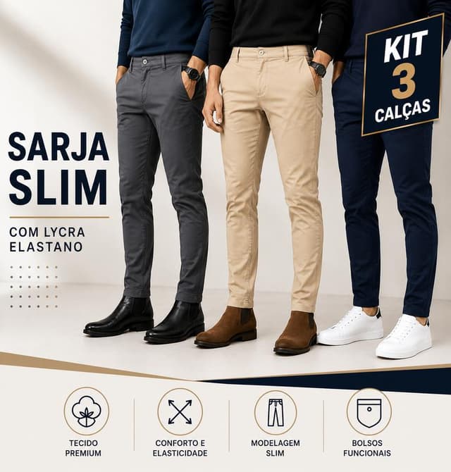 Kit de 3 ou 1 calça Sarja Masculina com Lyra Elastano Conforto Estilo Versáteis Alta Qualidade Respirável Corte Slim Bolsos Práticos Cós com Passantes Zíper e Botão Frontal
