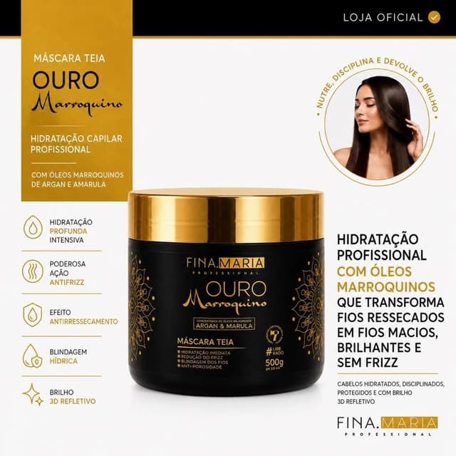 Hidratação Capilar Ouro Marroquino Efeito Teia 500g com Ação Antifrizz c/ Óleos Milagrosos de Marula e Argan | Fina Maria Professional