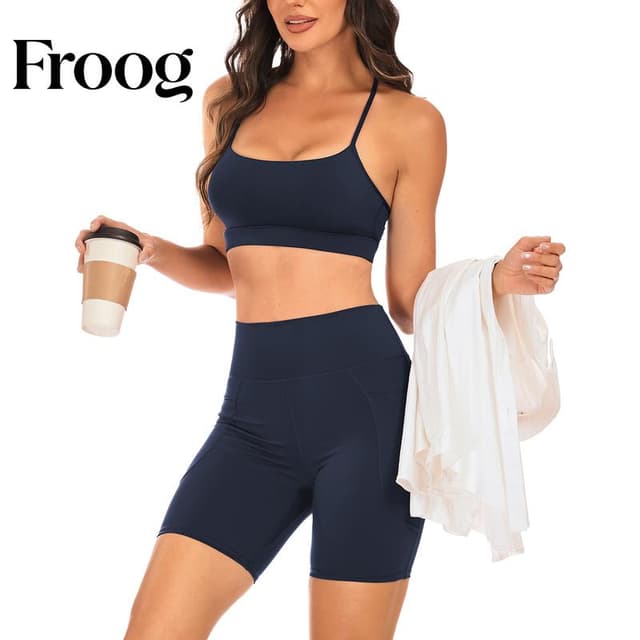 Froog-Shorts Feminino Cintura Alta com Bolsos Laterais leggings 100% não transparente— Treino, Yoga e Academia (Preto/Azul/Cinza Escuro)