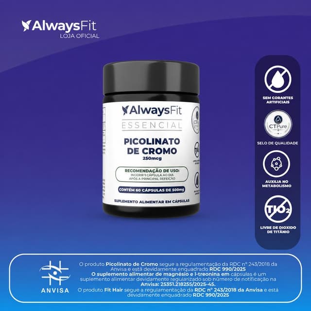 Picolinato de Cromo 250mcg - 60 Cápsulas - Always Fit