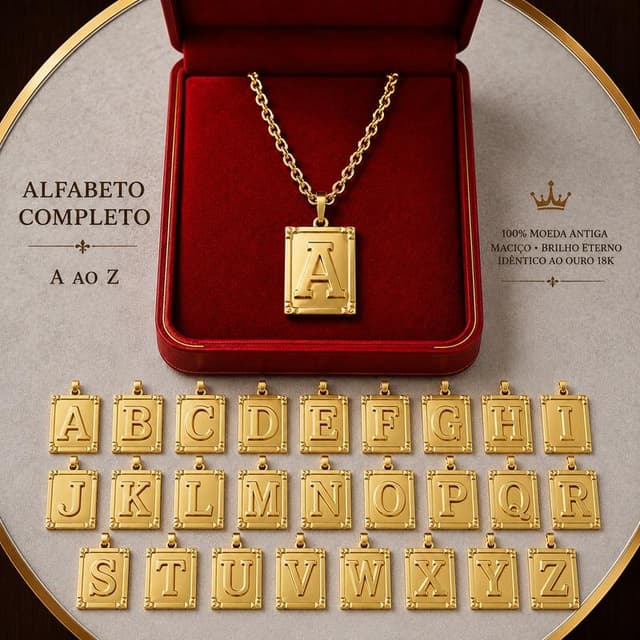 Corrente Cadeado 4mm em Moeda Antiga + Pingente Letra 100% em Moeda Antiga idêntico a ouro 18K