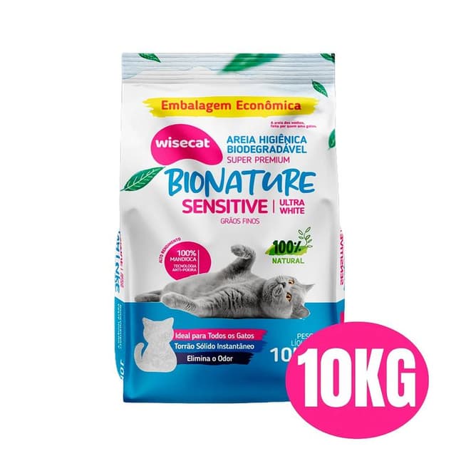 Areia Biodegradável Bionature Wisecat 10kg - Super Premium Sensitive Grãos Finos