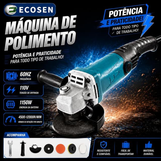 【ECOSEN】Politriz Lixadeira Esmerilhadeira 1150w 4.1/2 110v ou 220v Multifunções 6 Velocidades