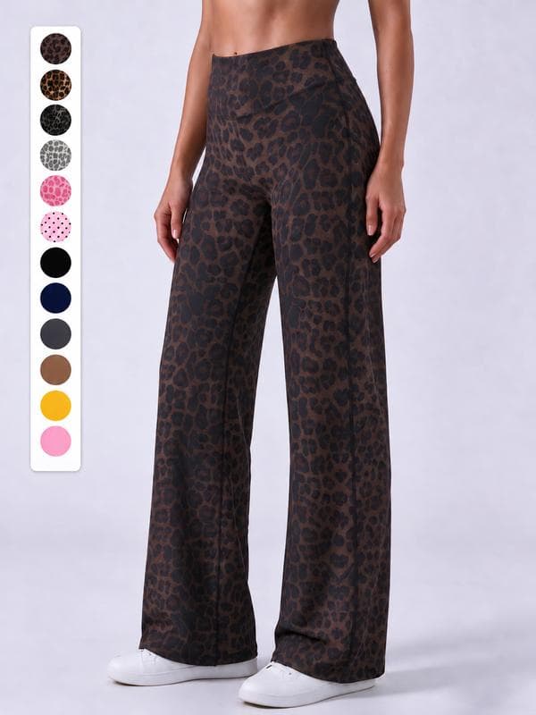 Women’s minimalist lightweight leopard-print mid-rise wide-leg pants — elastic waistband, fluid drape, straight cut, 9/10 length, suitable for outdoor settings, available in multiple colors, including solid and printed options, ideal for casual wear.,soho