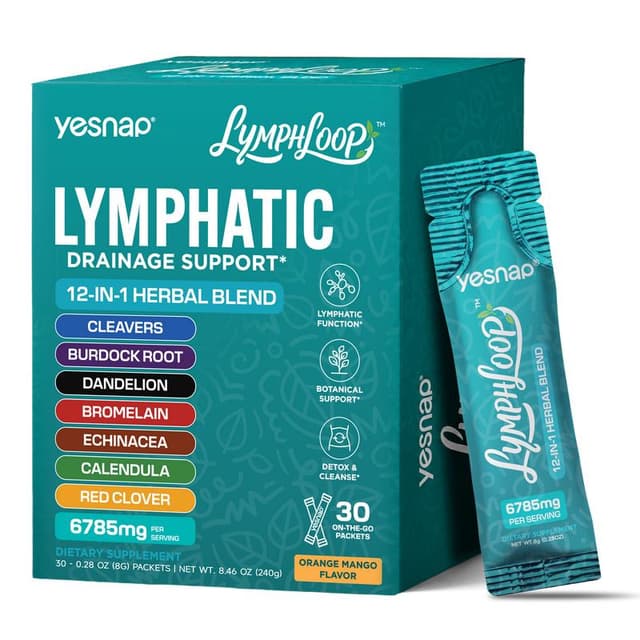 YESNAP Lymphatic Drainage Support – 12-in-1 Herbal Blend with Cleavers, Burdock Root, Dandelion & Echinacea, Debloat & Detox Drink, Sugar Free, Orange Mango, 30 Stick Packs