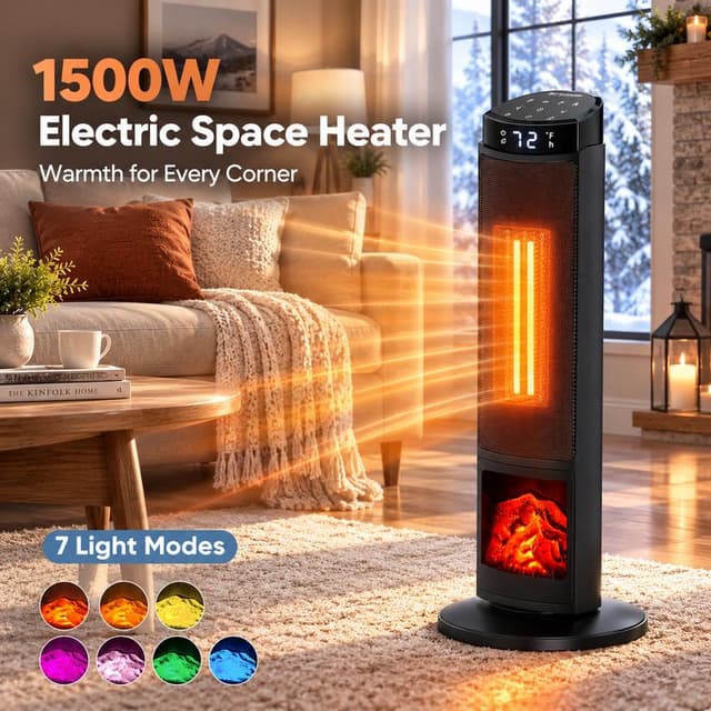 Sweetcrispy 23\" Space Heater, 1500W Electric Heater with 12-Hour Timer 4 Modes, 70° Oscillation, 12-Hour Timer, Thermostat 50-95°F, Fast Heating, Child Lock