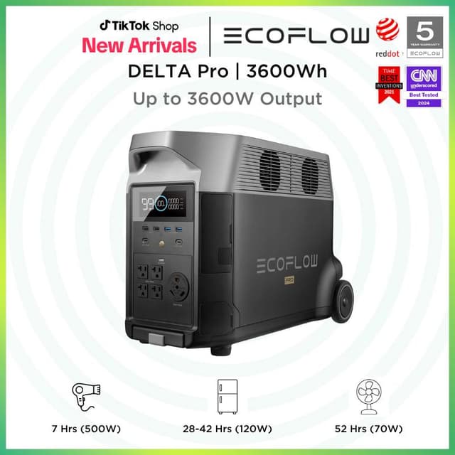 DELTA Pro, 3600Wh, 3600W Output, EcoFlow Portable Power Station, 2.7H to Full Charge, 5 AC Outlets, 120V LFP Battery with Expandable Capacity