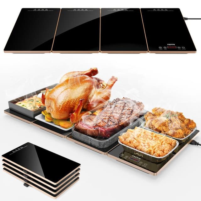 FEPPO Electric Warming Tray Kitchen Appliance, 4-in-1 Buffet Warmer with 33\"x15\" Glass Surface, 10 Temp Settings, Timer Options, Countertop Hot Trays for Parties & Catering
