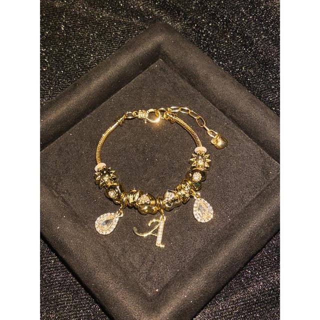 Gold Tone Snake Chain Initial Charm Bracelet for Women, Beaded Bracelet with Letter, Sun & Teardrop Crystal Charms, Personalized Statement Jewelry