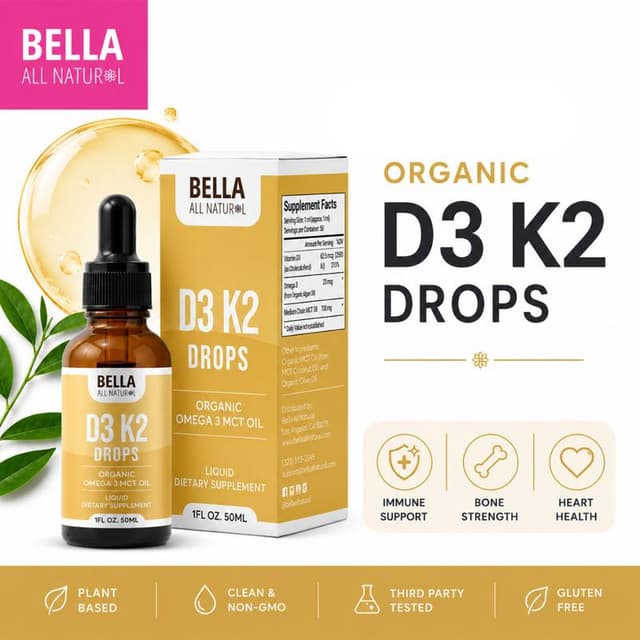 Bella All Natural D3 K2 Drops Organic Omega 3 MCT Oil 50ml Supplement for Daily Health Needs