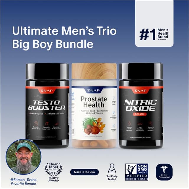 Ultimate Men's Health Trio - Testo Booster + Prostate Health + Nitric Oxide Booster - Supports Testosterone Production - D-Aspartic Acid & 14 Plants - 3rd Party Tested - Boost Blood Flow & Stamina - Muscle Mass & Performance Booster