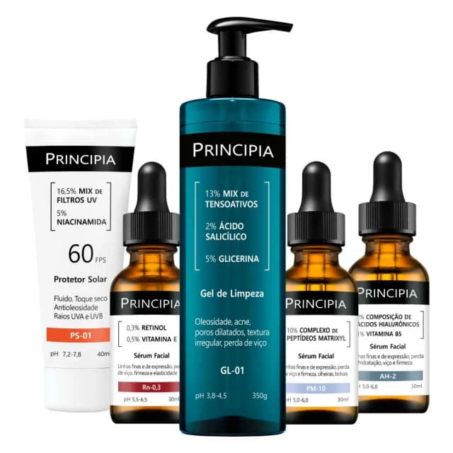 Principia Kit Antissinais Avançado - Gel de Limpeza para peles Oleosas + Retinol & Vit E (flacidez, rugas, viço), Peptídeos (bolsas), Ácido Hialurônico (firmeza e hidratação) + Protetor solar facial FPS 60