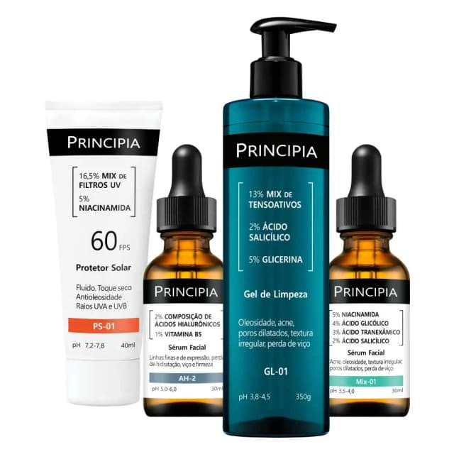 Principia Kit Antiacne Essencial com Gel de Limpeza GL-01 (pele oleosa)+ Sérum AH-2 (linhas finas e firmeza) + Sérum Antiacne Mix-03 + Protetor Solar Facial PS-01 FPS60