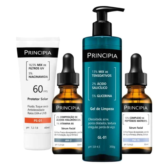 Principia Kit antissinais essencial com Gel de Limpeza para pele oleosa, Sérum de Ácidos Hialurônicos e Peptídeos hidratação e viço + Protetor Solar Facial FPS 60